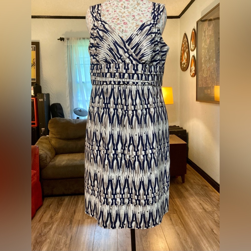 Ann Taylor structured sleeveless midi dress navy taupe print pockets wide straps